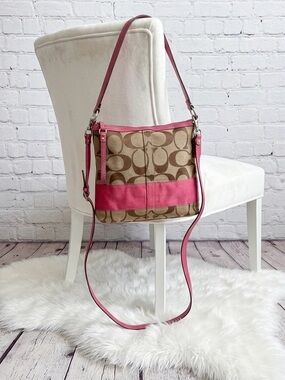 Coach Khaki Signature Canvas Crossbody with Pink Trim